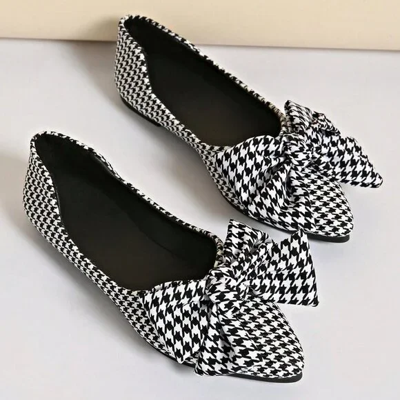 Black And White Casual Women's Loafers with Plaid Bow - Picture 4 of 8